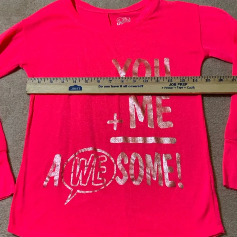 Justice Girls‎ 8 Neon Pink Gold Knit Long Sleeve Metallic You + Me = Awesome Top